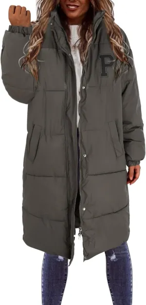 Womens Long Puffer Jacket Casual Zip Up Thick Winter Coats Long Sleeve Down Jacket Oversized Warm Coat