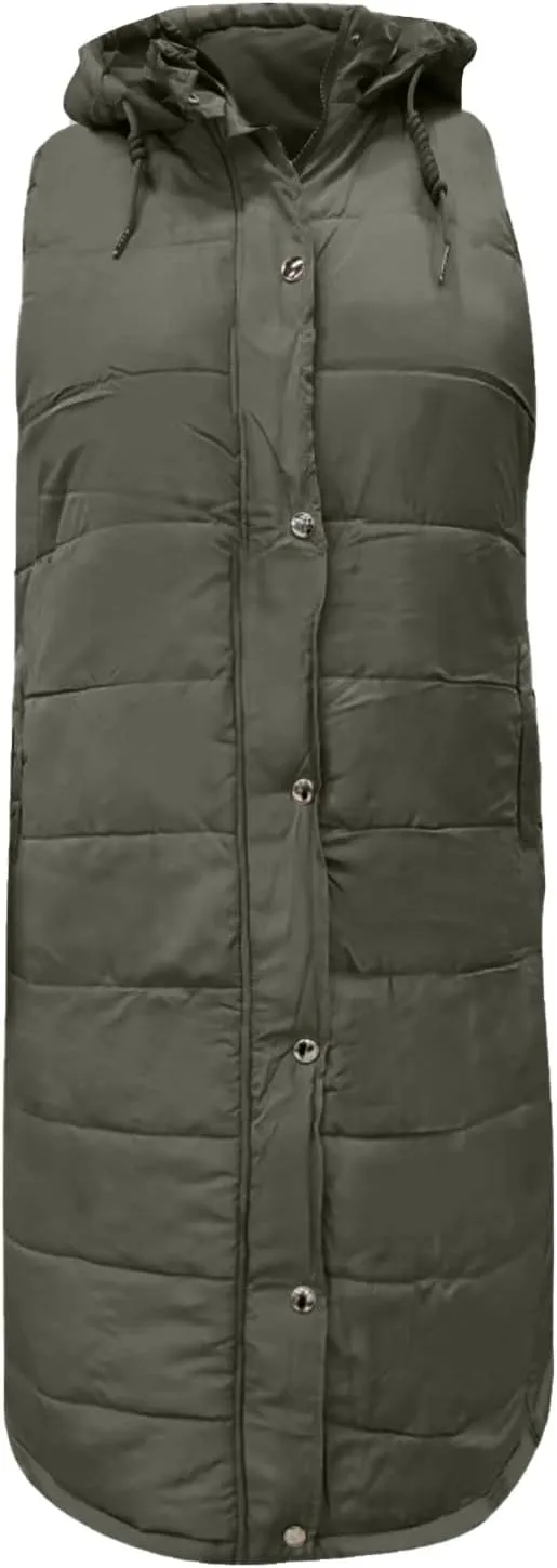 Women's Long Puffer Vest Cotton Sleeveless Puffy Jacket Womens Down Jackets Vest Zip Up Hooded Long Overcoat