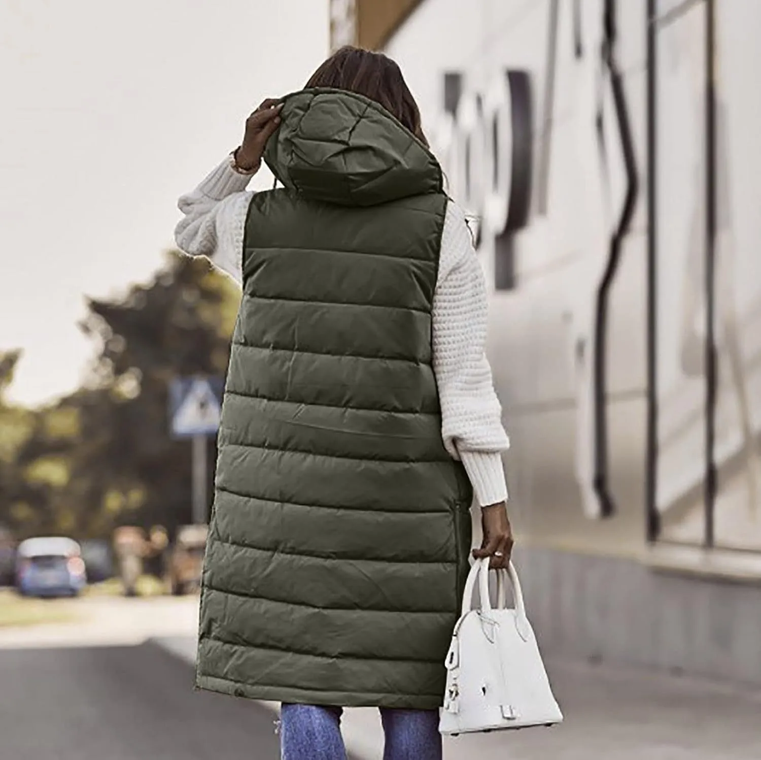 Women's Long Puffer Vest Cotton Sleeveless Puffy Jacket Womens Down Jackets Vest Zip Up Hooded Long Overcoat