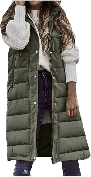 Women's Long Puffer Vest Cotton Sleeveless Puffy Jacket Womens Down Jackets Vest Zip Up Hooded Long Overcoat