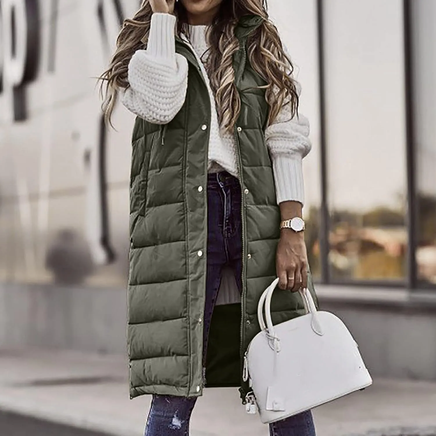 Women's Long Puffer Vest Cotton Sleeveless Puffy Jacket Womens Down Jackets Vest Zip Up Hooded Long Overcoat