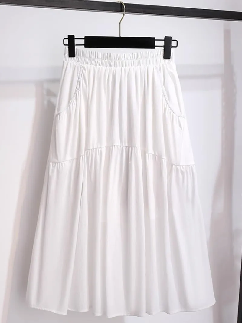 Women's Long Skirt Summer White Mid-Length High-Waist Drape Casual A Line Skirts for Women