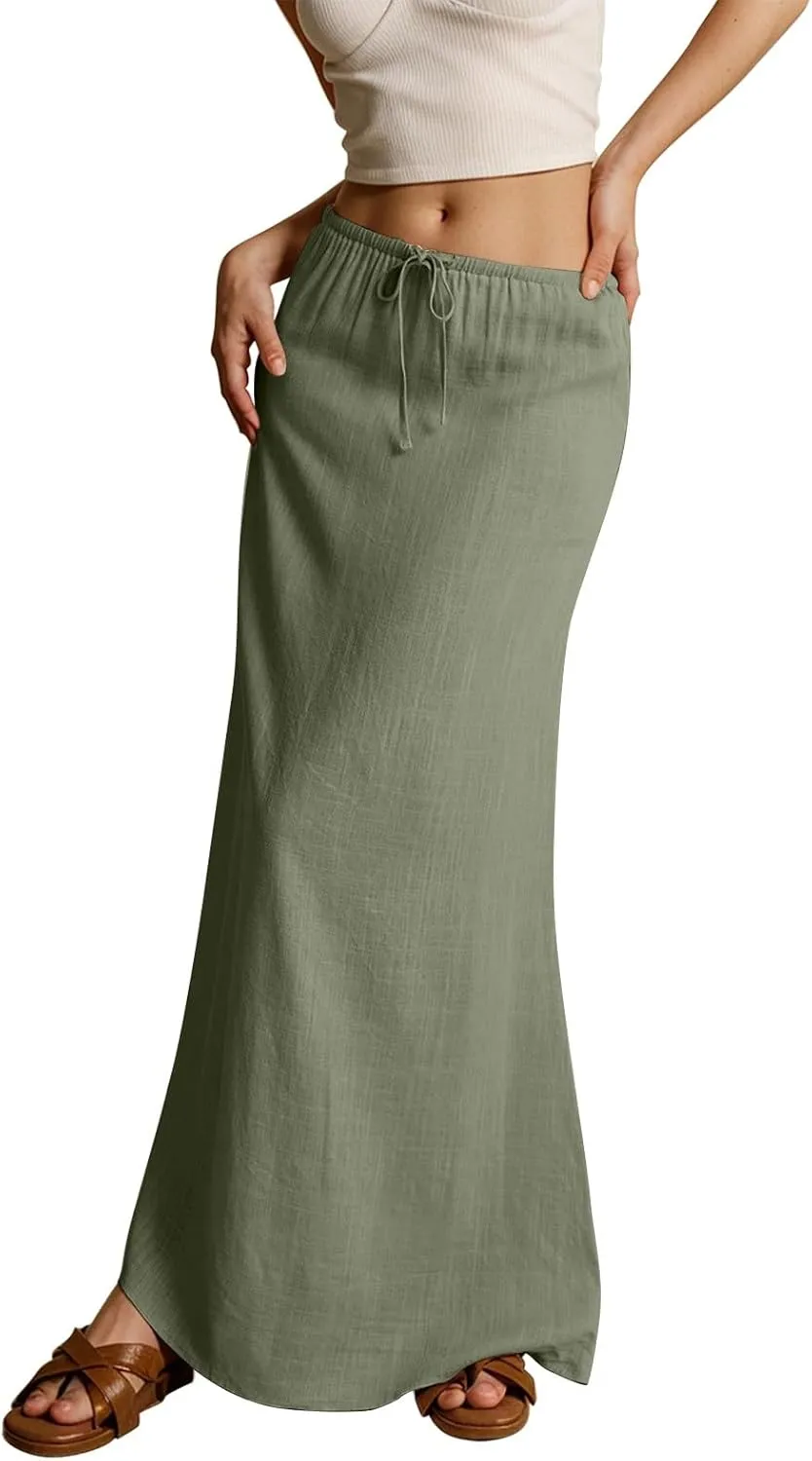 Womens Maxi Skirt Drawstring Waist Boho Long Slim Low Rise Cotton Linen A Line Cute Beach Vacation Flowy Skirt