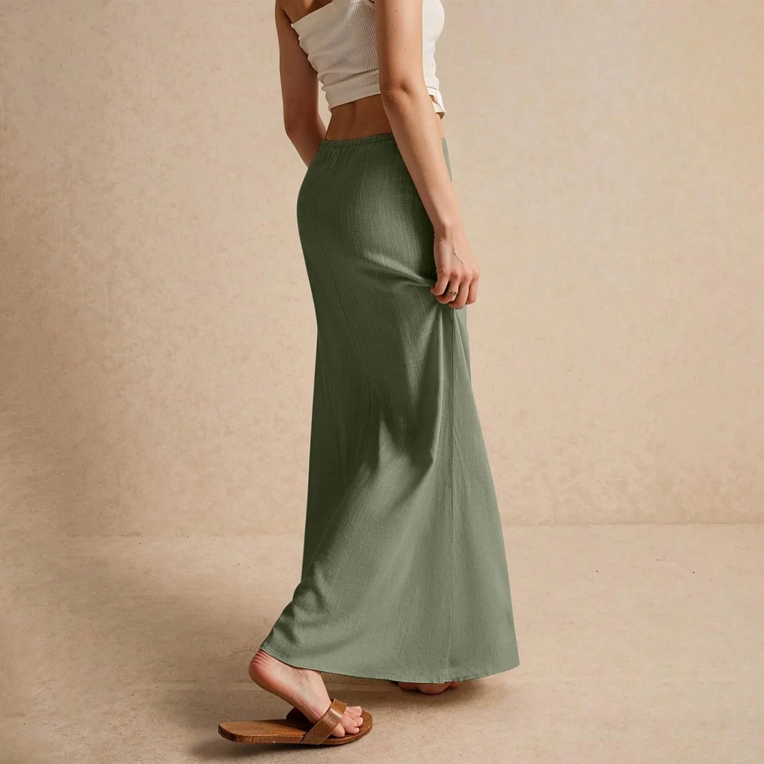 Womens Maxi Skirt Drawstring Waist Boho Long Slim Low Rise Cotton Linen A Line Cute Beach Vacation Flowy Skirt
