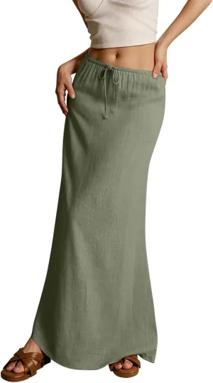 Womens Maxi Skirt Drawstring Waist Boho Long Slim Low Rise Cotton Linen A Line Cute Beach Vacation Flowy Skirt