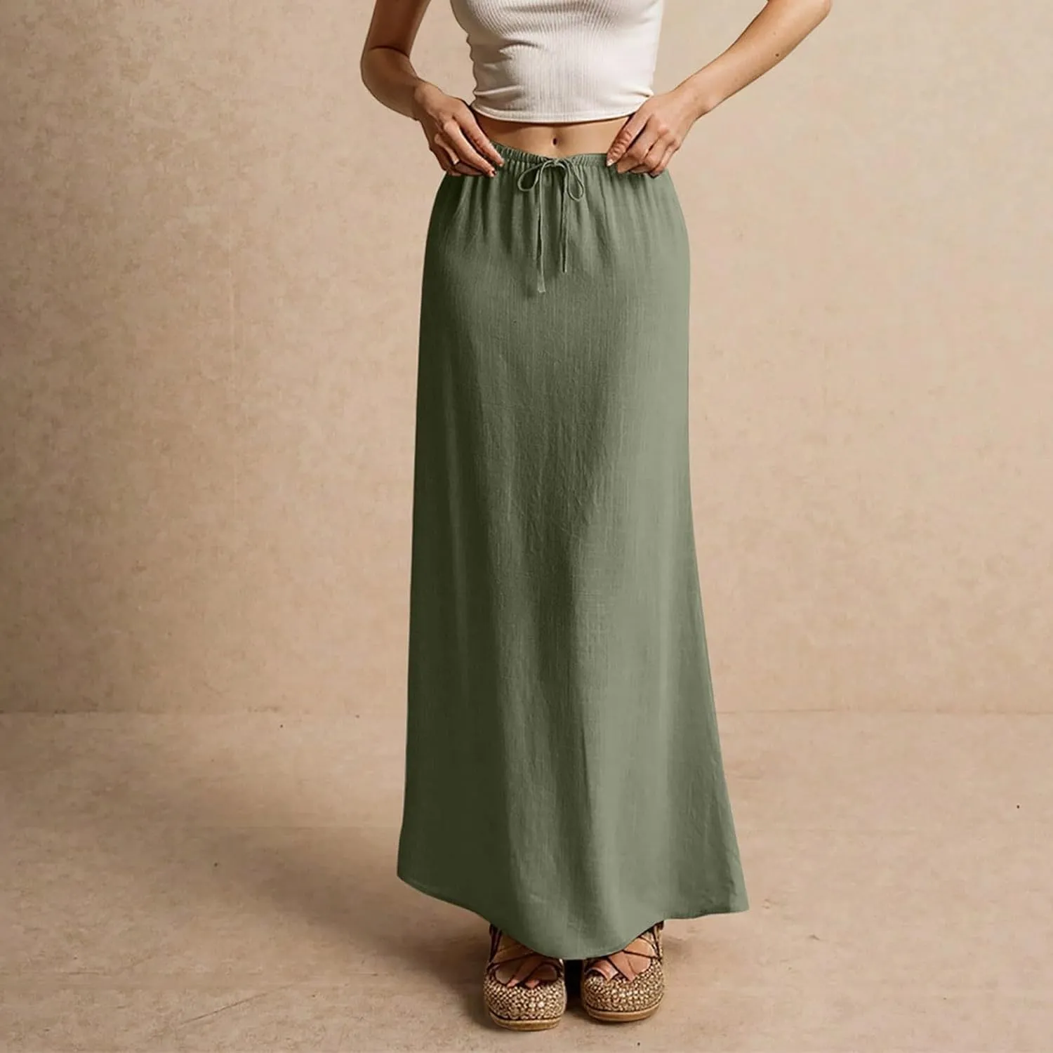 Womens Maxi Skirt Drawstring Waist Boho Long Slim Low Rise Cotton Linen A Line Cute Beach Vacation Flowy Skirt
