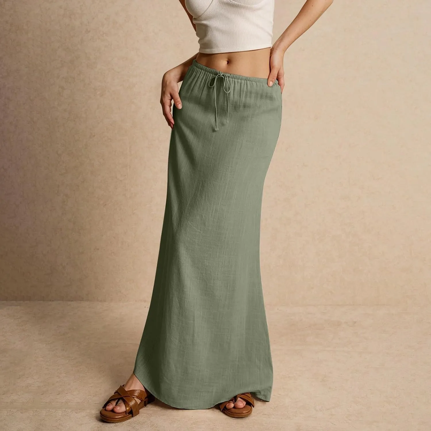 Womens Maxi Skirt Drawstring Waist Boho Long Slim Low Rise Cotton Linen A Line Cute Beach Vacation Flowy Skirt