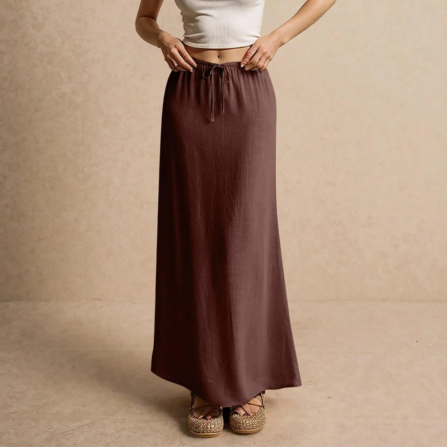 Womens Maxi Skirt Drawstring Waist Boho Long Slim Low Rise Cotton Linen A Line Cute Beach Vacation Flowy Skirt