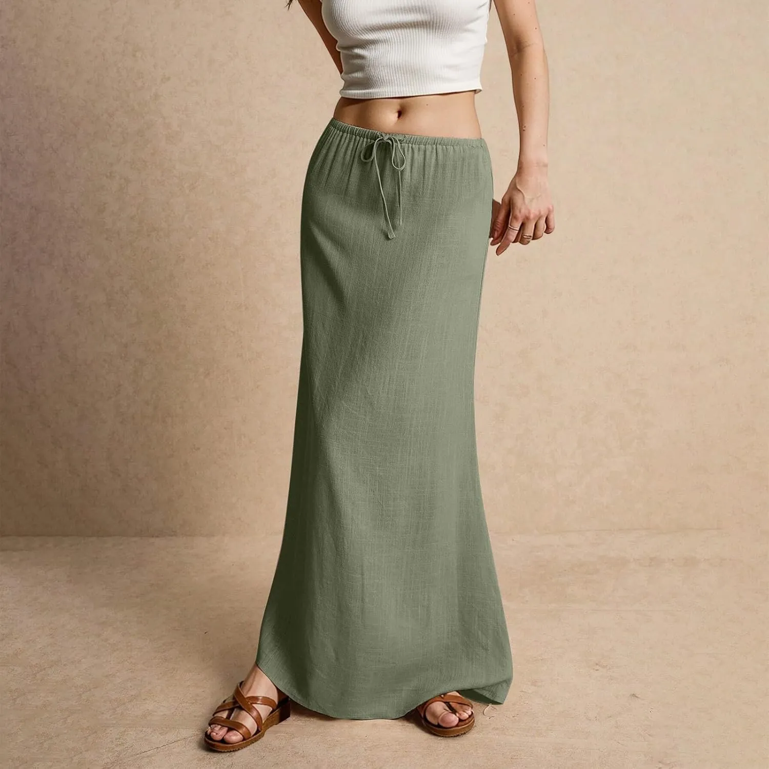 Womens Maxi Skirt Drawstring Waist Boho Long Slim Low Rise Cotton Linen A Line Cute Beach Vacation Flowy Skirt