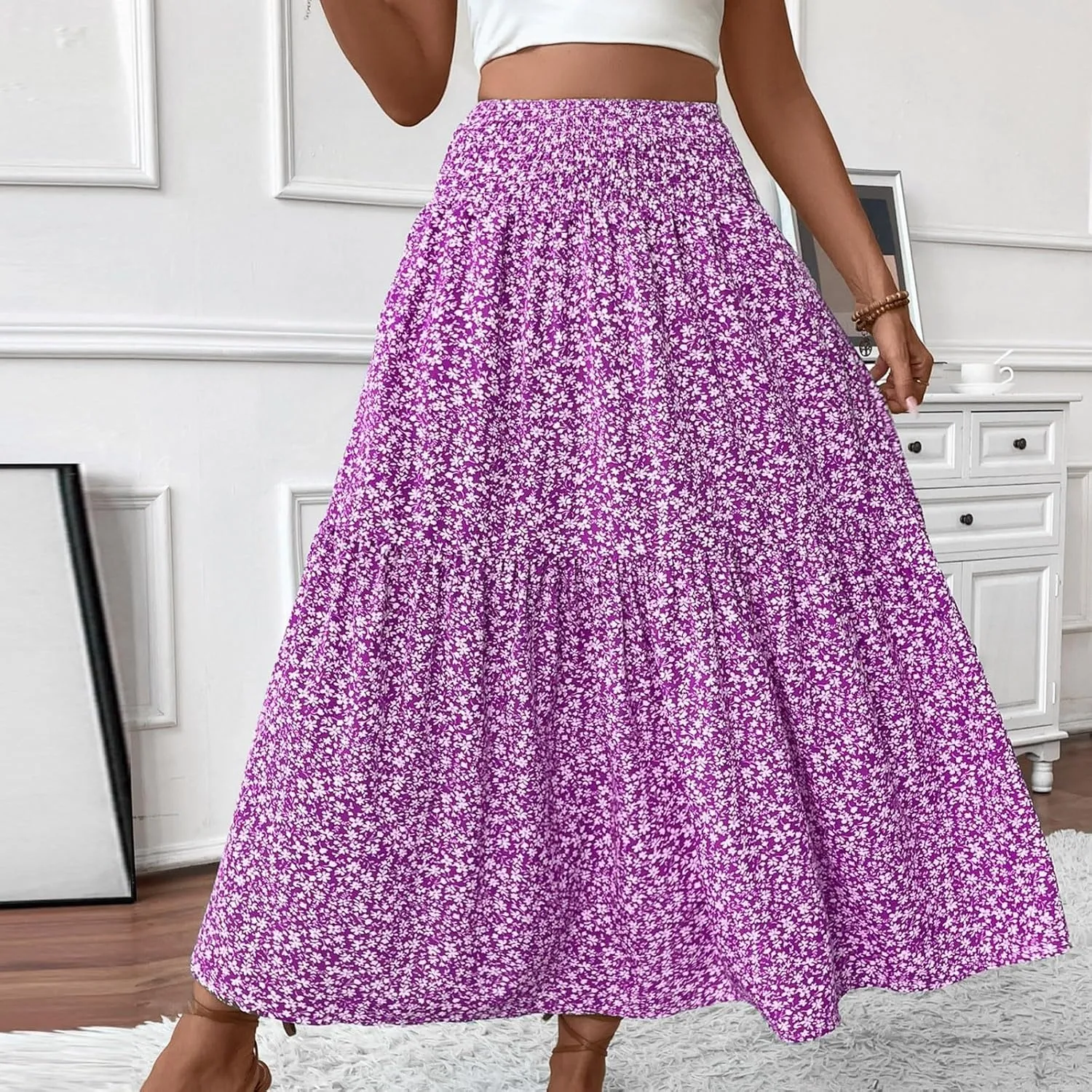 Womens Maxi Skirt Floral Boho Elastic High Waist Drawstring Pleated Beach Skirt A-Line Flowy Tiered Long Skirts