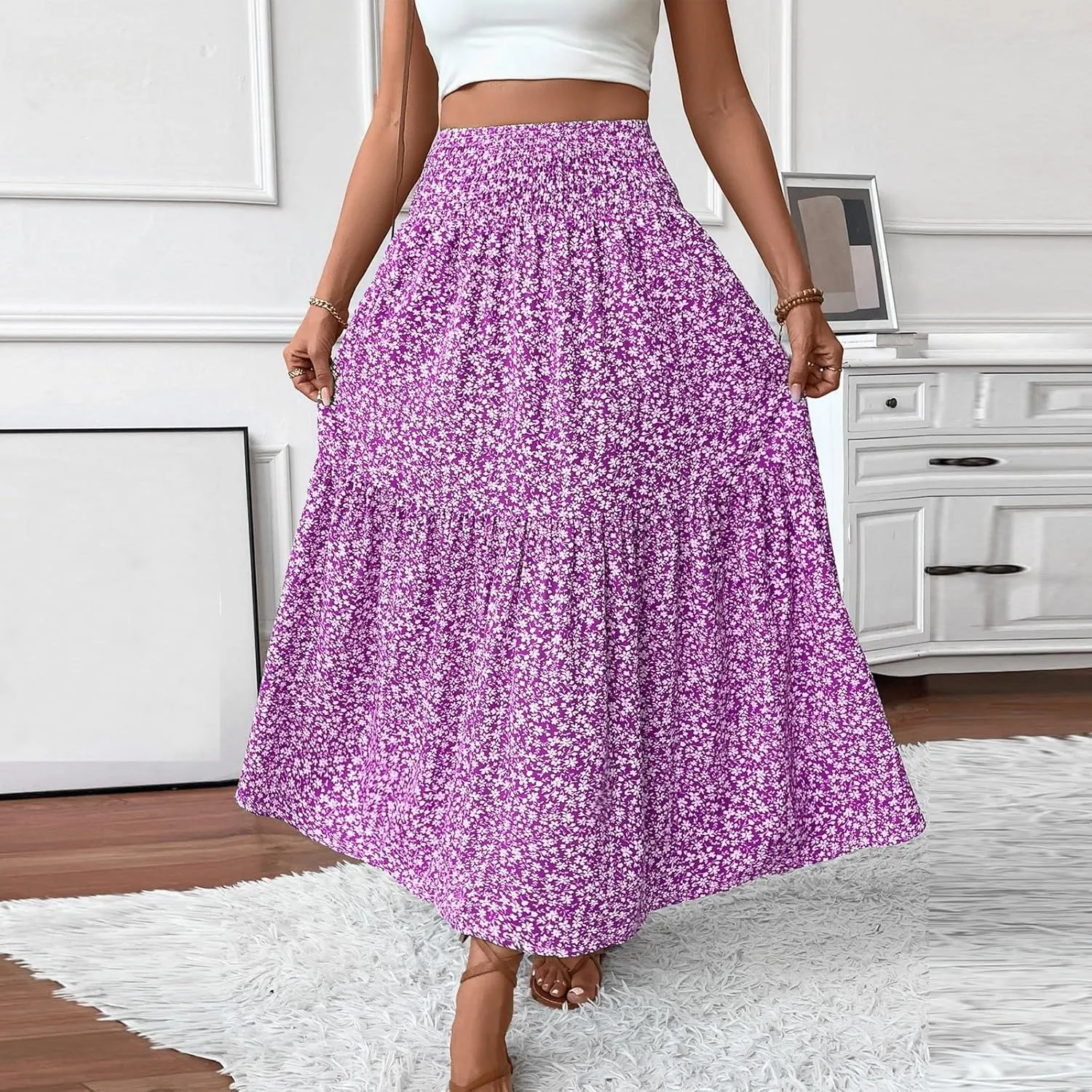 Womens Maxi Skirt Floral Boho Elastic High Waist Drawstring Pleated Beach Skirt A-Line Flowy Tiered Long Skirts