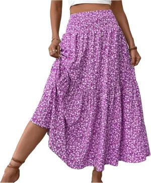 Womens Maxi Skirt Floral Boho Elastic High Waist Drawstring Pleated Beach Skirt A-Line Flowy Tiered Long Skirts