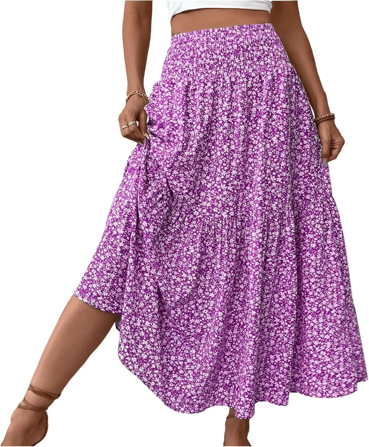 Womens Maxi Skirt Floral Boho Elastic High Waist Drawstring Pleated Beach Skirt A-Line Flowy Tiered Long Skirts