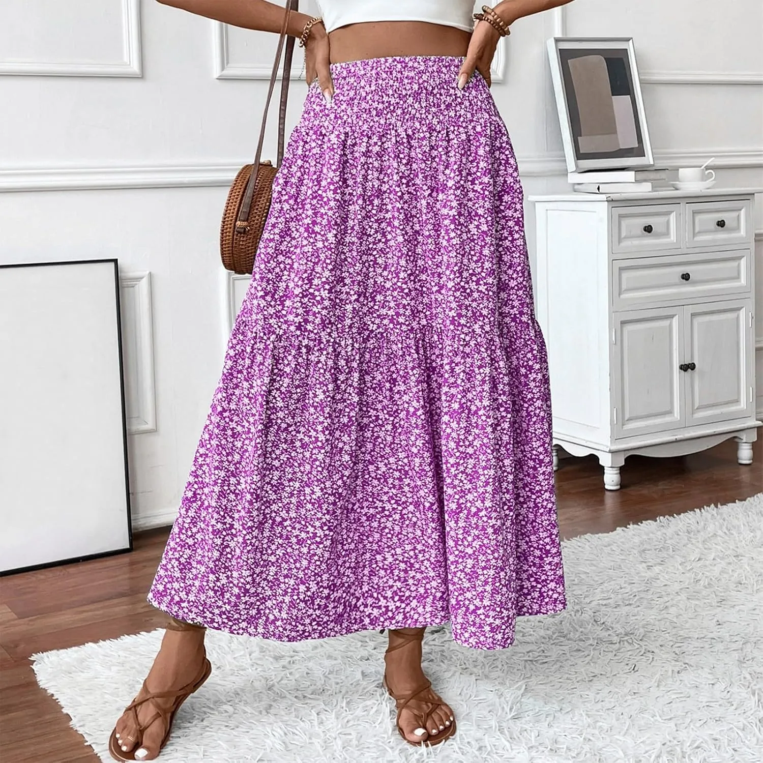 Womens Maxi Skirt Floral Boho Elastic High Waist Drawstring Pleated Beach Skirt A-Line Flowy Tiered Long Skirts