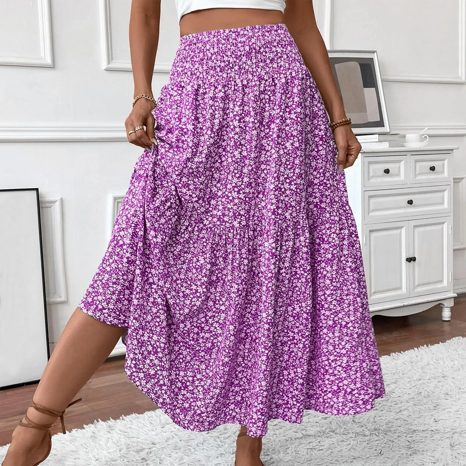 Womens Maxi Skirt Floral Boho Elastic High Waist Drawstring Pleated Beach Skirt A-Line Flowy Tiered Long Skirts
