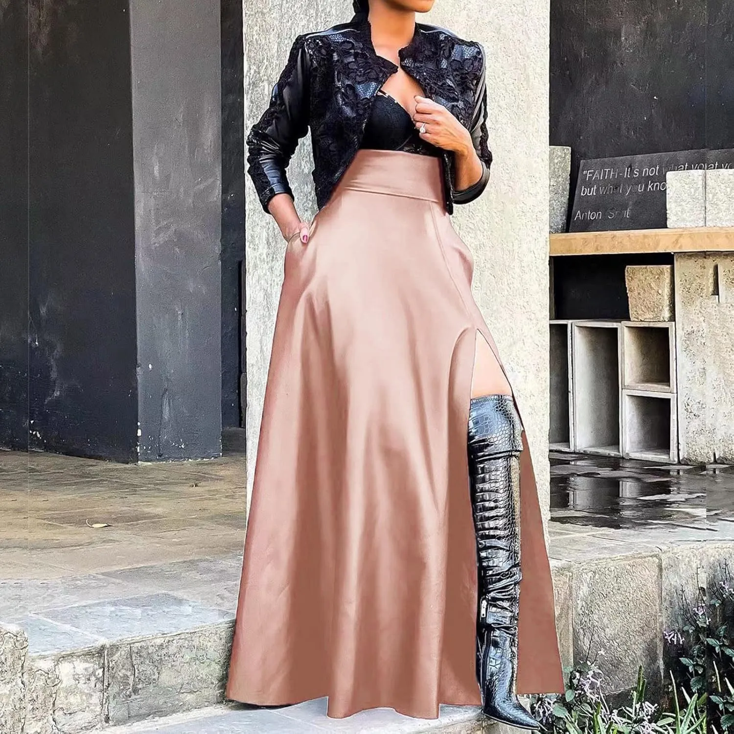 Womens Maxi Skirt Long Tummy Control High Elastic Waist PU Leather Trendy High Split Skirts for Party Fashion Clubwear