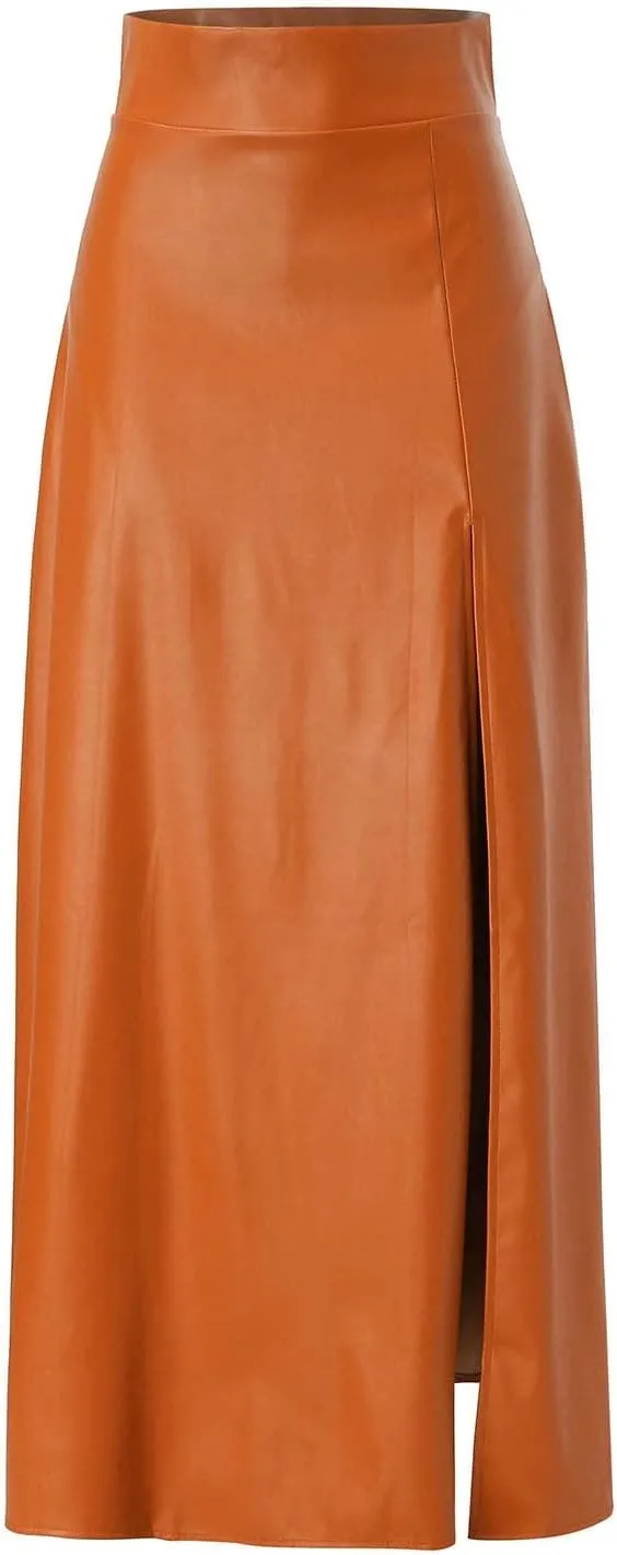 Womens Maxi Skirt Long Tummy Control High Elastic Waist PU Leather Trendy High Split Skirts for Party Fashion Clubwear
