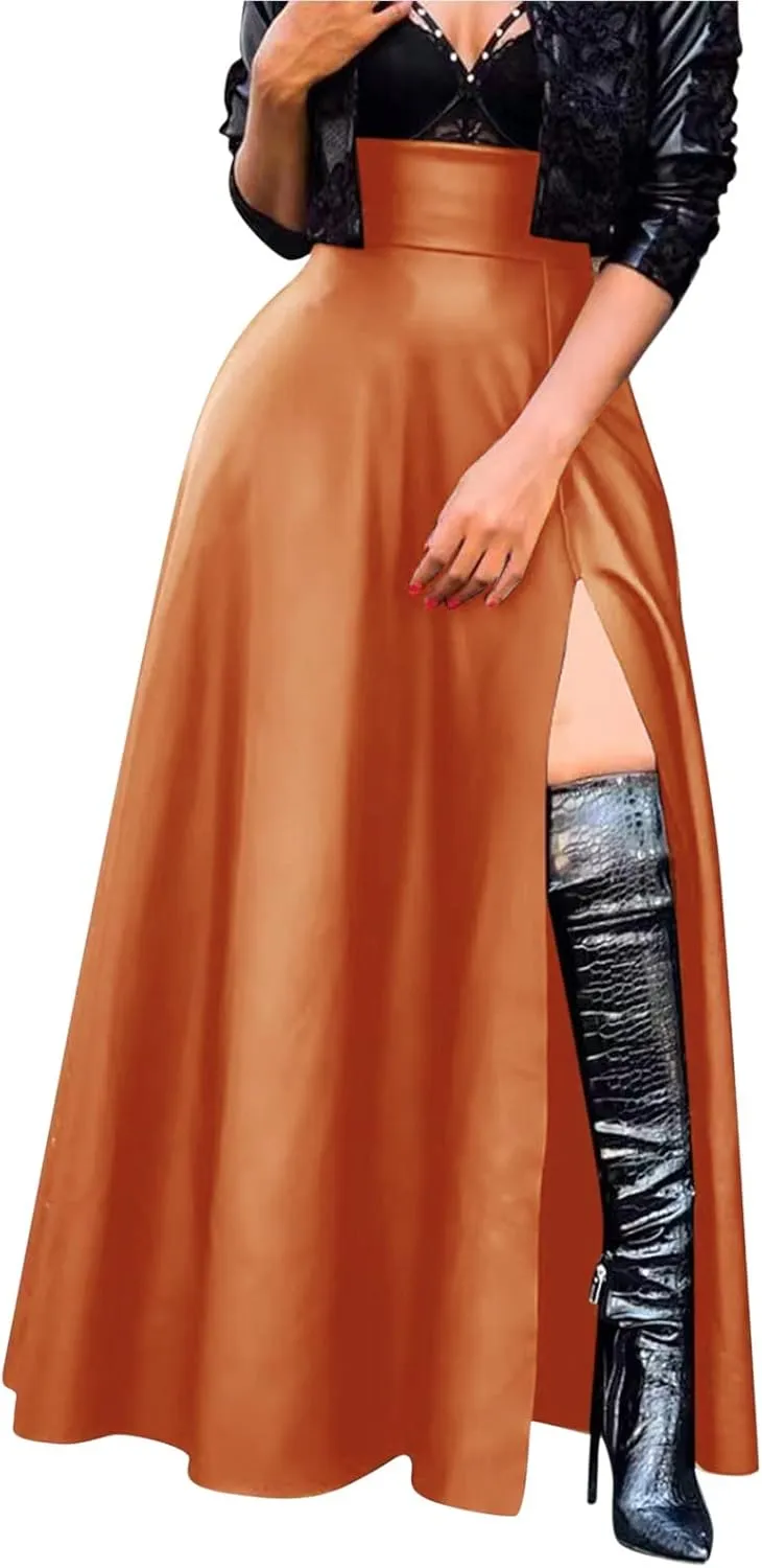 Womens Maxi Skirt Long Tummy Control High Elastic Waist PU Leather Trendy High Split Skirts for Party Fashion Clubwear