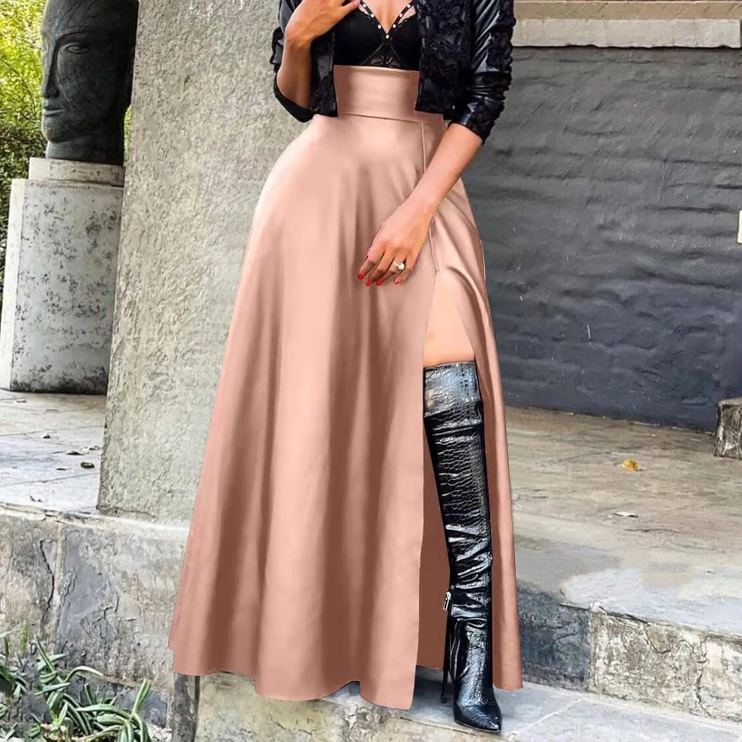 Womens Maxi Skirt Long Tummy Control High Elastic Waist PU Leather Trendy High Split Skirts for Party Fashion Clubwear