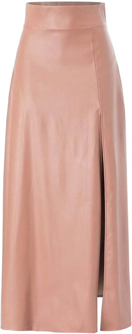 Womens Maxi Skirt Long Tummy Control High Elastic Waist PU Leather Trendy High Split Skirts for Party Fashion Clubwear