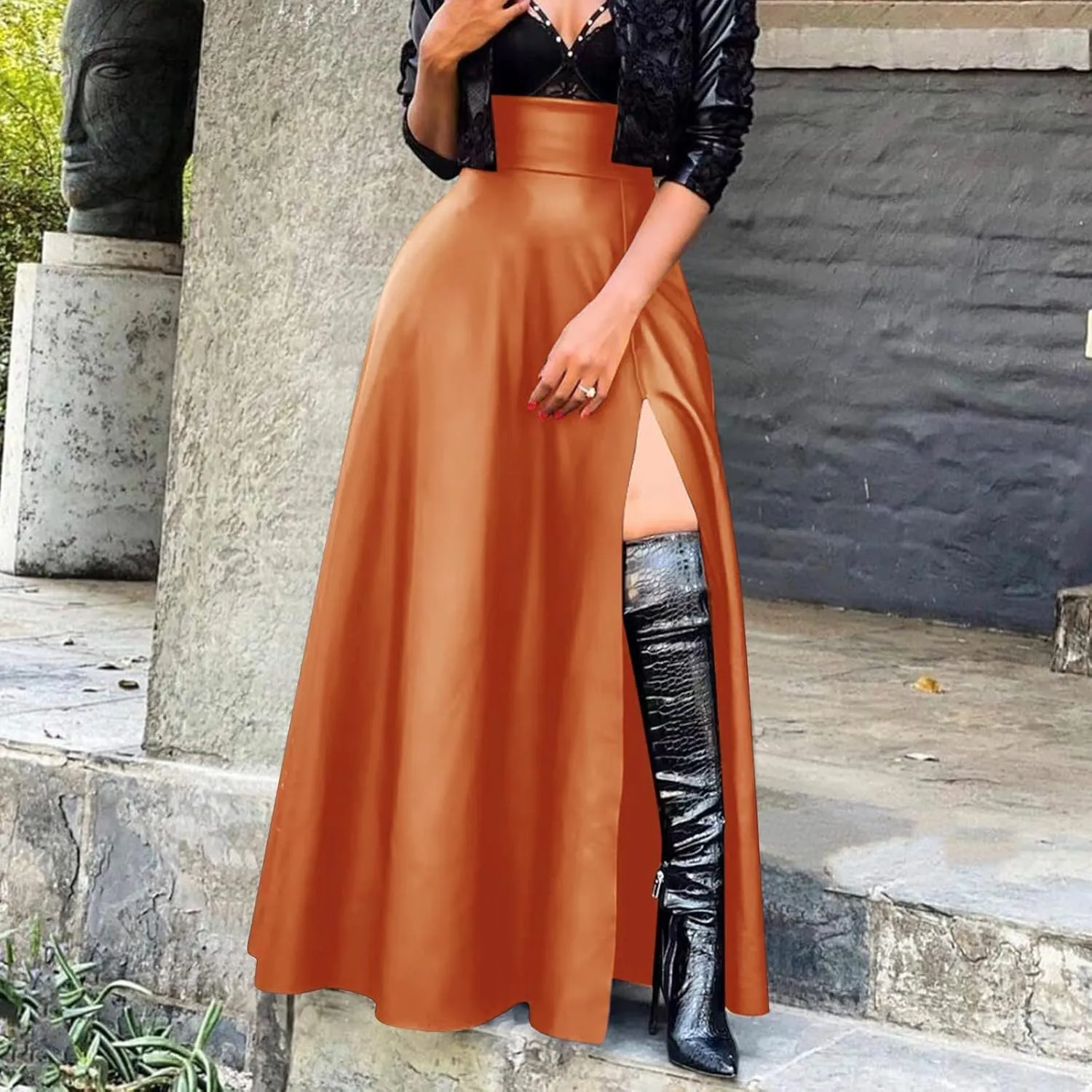 Womens Maxi Skirt Long Tummy Control High Elastic Waist PU Leather Trendy High Split Skirts for Party Fashion Clubwear