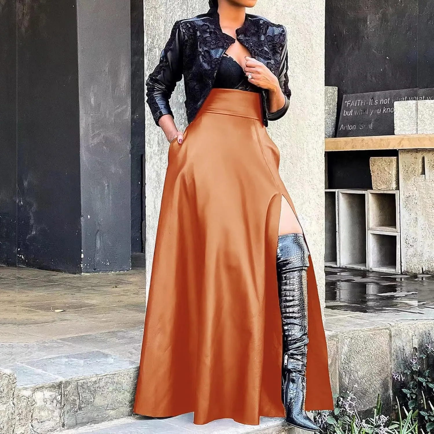 Womens Maxi Skirt Long Tummy Control High Elastic Waist PU Leather Trendy High Split Skirts for Party Fashion Clubwear