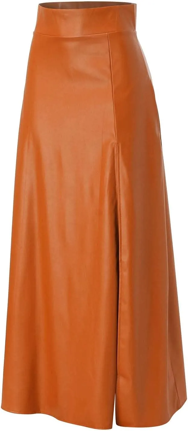 Womens Maxi Skirt Long Tummy Control High Elastic Waist PU Leather Trendy High Split Skirts for Party Fashion Clubwear