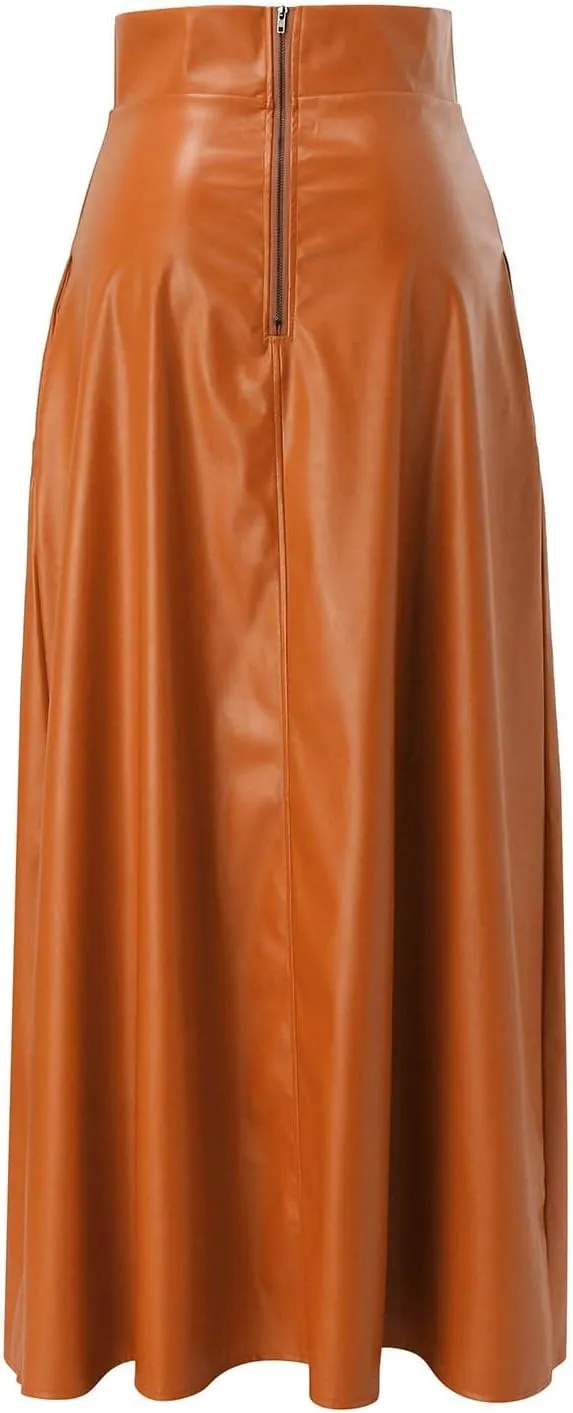 Womens Maxi Skirt Long Tummy Control High Elastic Waist PU Leather Trendy High Split Skirts for Party Fashion Clubwear