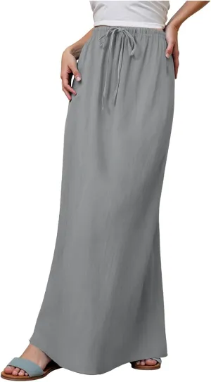Womens Maxi Skirts Casual Drawstring High Slim Waist Boho Flowy Summer Casual Elegant Beach Vacation 2025 Trendy