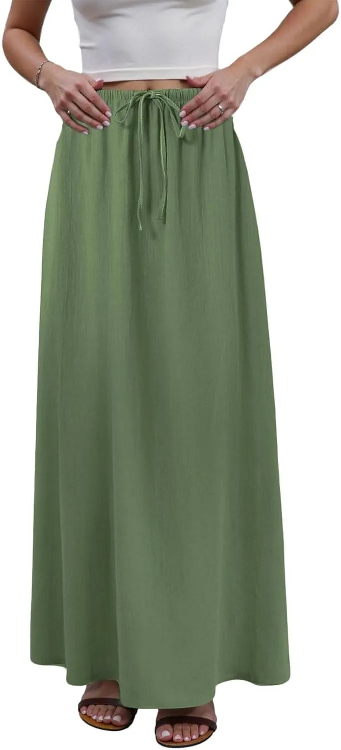 Womens Maxi Skirts Casual Drawstring High Slim Waist Boho Flowy Summer Casual Elegant Beach Vacation 2025 Trendy