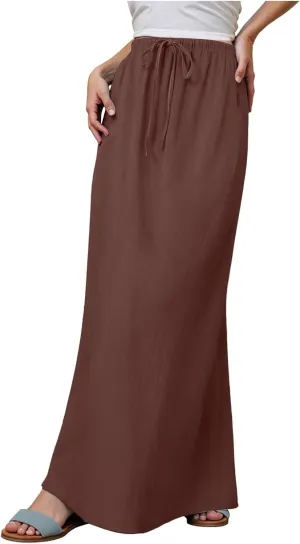 Womens Maxi Skirts Casual Drawstring High Slim Waist Boho Flowy Summer Casual Elegant Beach Vacation 2025 Trendy