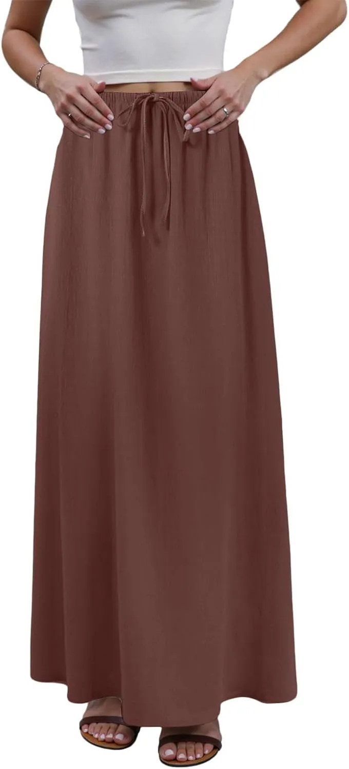 Womens Maxi Skirts Casual Drawstring High Slim Waist Boho Flowy Summer Casual Elegant Beach Vacation 2025 Trendy