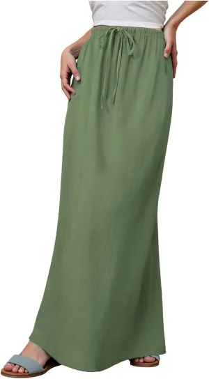 Womens Maxi Skirts Casual Drawstring High Slim Waist Boho Flowy Summer Casual Elegant Beach Vacation 2025 Trendy