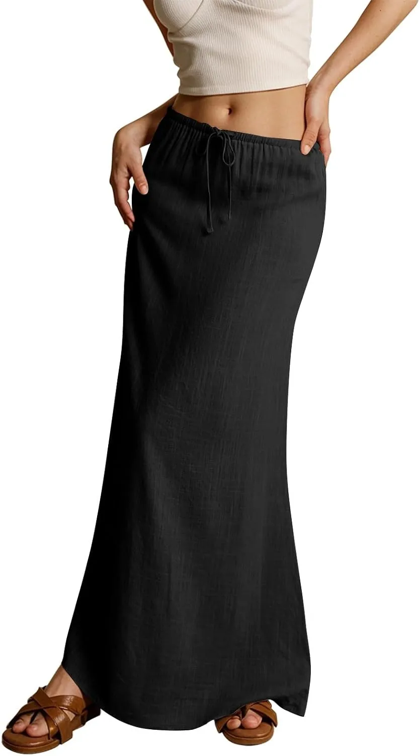 Womens Maxi Skirts Casual Drawstring High Slim Waist Boho Flowy Summer Casual Elegant Beach Vacation 2025 Trendy
