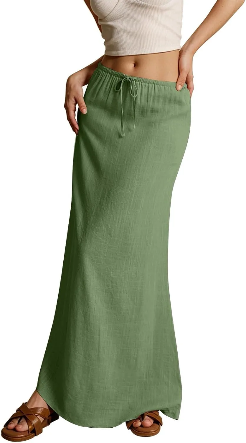 Womens Maxi Skirts Casual Drawstring High Slim Waist Boho Flowy Summer Casual Elegant Beach Vacation 2025 Trendy