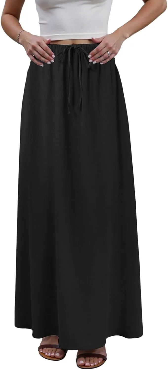Womens Maxi Skirts Casual Drawstring High Slim Waist Boho Flowy Summer Casual Elegant Beach Vacation 2025 Trendy