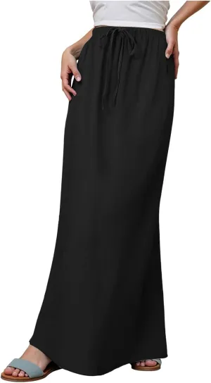 Womens Maxi Skirts Casual Drawstring High Slim Waist Boho Flowy Summer Casual Elegant Beach Vacation 2025 Trendy