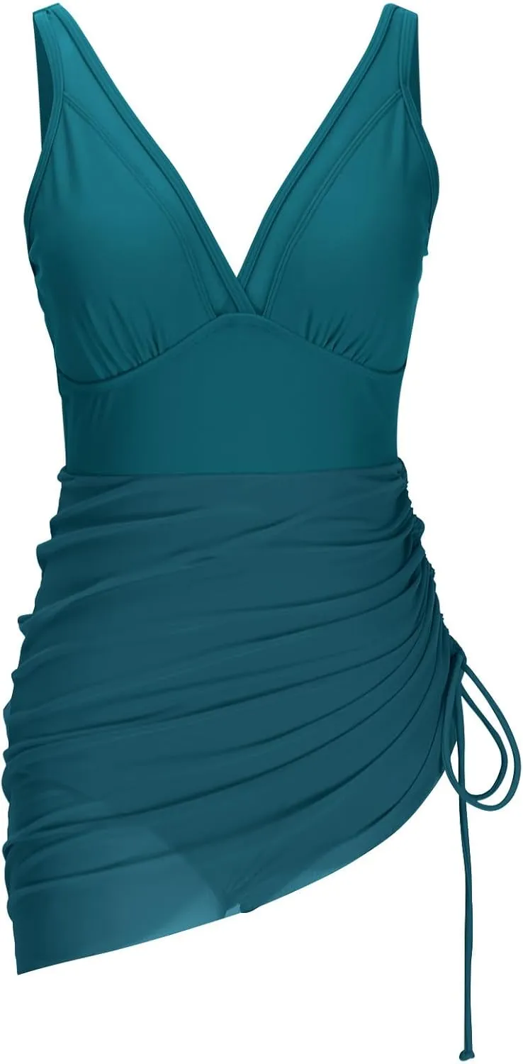 Womens One Piece Swimsuit Skirt Tummy Control Bathing Suit Drawstring Swim Dress Slimming Smocked Ruched Swimdress