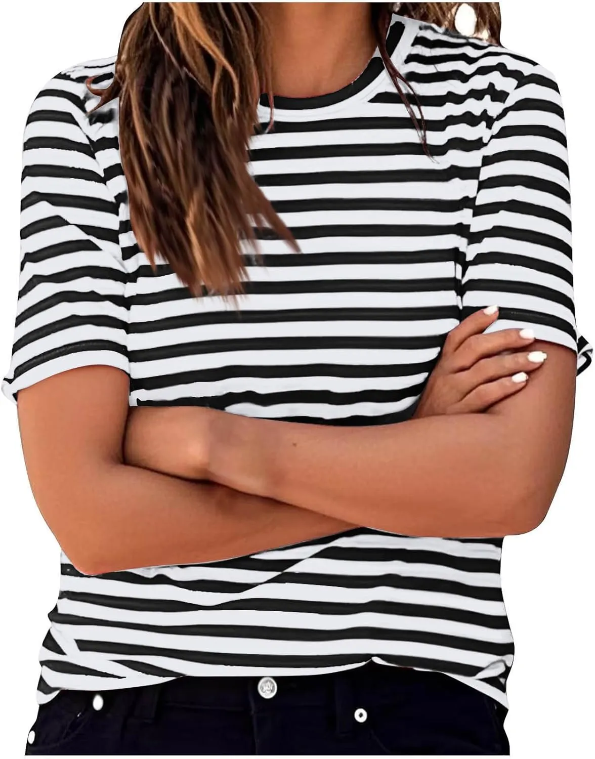 Women's Oversized T Shirts Short Puff Sleeve Striped Crewneck Summer Tops Casual Loose Basic Tee Shirts 2025 Trendy Clothes