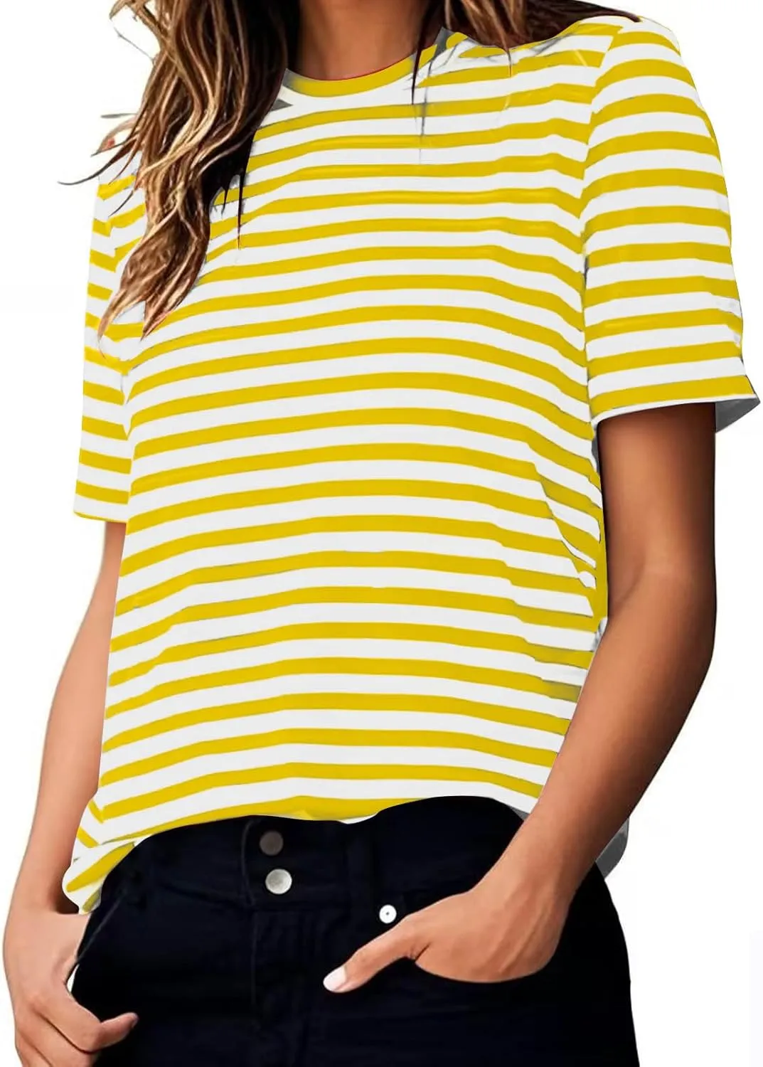 Women's Oversized T Shirts Short Puff Sleeve Striped Crewneck Summer Tops Casual Loose Basic Tee Shirts 2025 Trendy Clothes