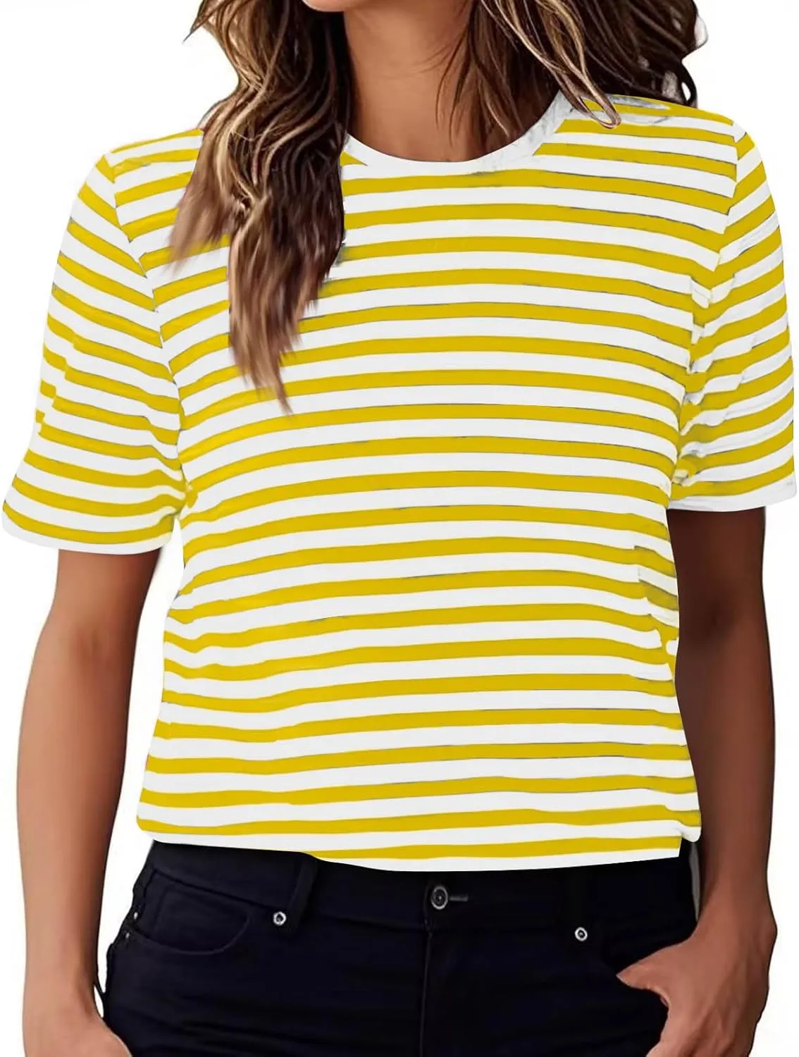 Women's Oversized T Shirts Short Puff Sleeve Striped Crewneck Summer Tops Casual Loose Basic Tee Shirts 2025 Trendy Clothes