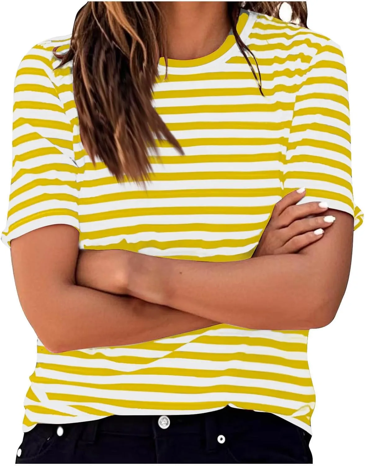 Women's Oversized T Shirts Short Puff Sleeve Striped Crewneck Summer Tops Casual Loose Basic Tee Shirts 2025 Trendy Clothes