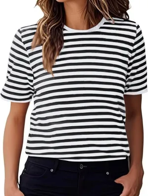 Women's Oversized T Shirts Short Puff Sleeve Striped Crewneck Summer Tops Casual Loose Basic Tee Shirts 2025 Trendy Clothes