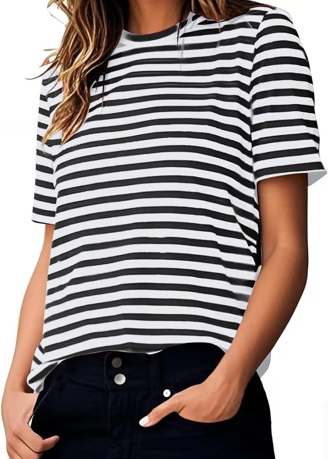 Women's Oversized T Shirts Short Puff Sleeve Striped Crewneck Summer Tops Casual Loose Basic Tee Shirts 2025 Trendy Clothes