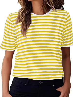 Women's Oversized T Shirts Short Puff Sleeve Striped Crewneck Summer Tops Casual Loose Basic Tee Shirts 2025 Trendy Clothes