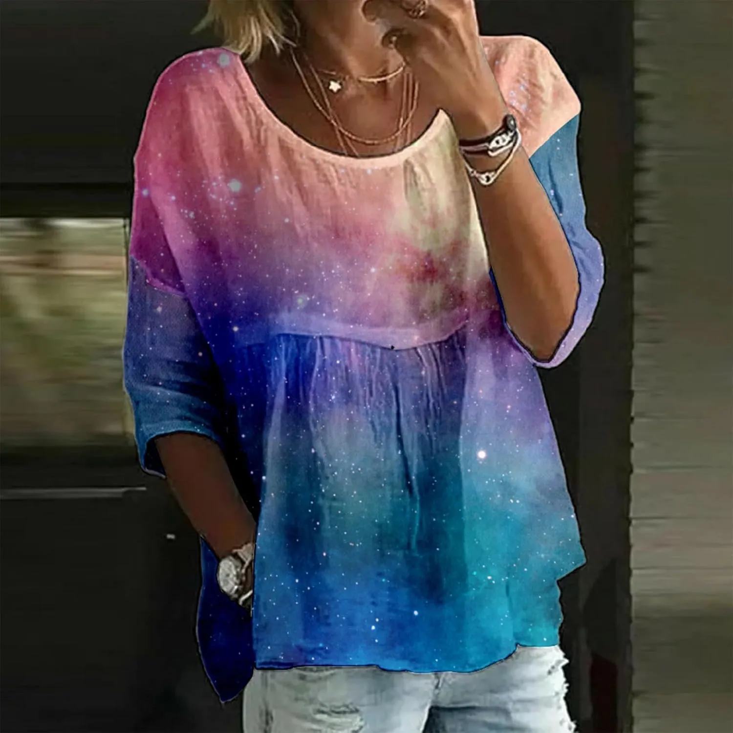 Womens Peasant Boho Tunic Tops 2025 3/4 Sleeve Floral Print Casual Loose Fit Pleated Summer Flowy Babydoll Blouses