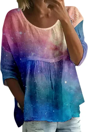 Womens Peasant Boho Tunic Tops 2025 3/4 Sleeve Floral Print Casual Loose Fit Pleated Summer Flowy Babydoll Blouses