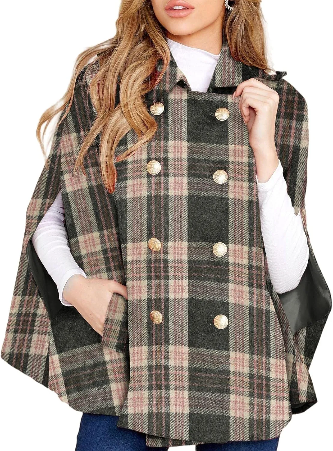 Womens Plaid Jacket Double Breasted Winter Cape Coats Turn Down Poncho with Pockets