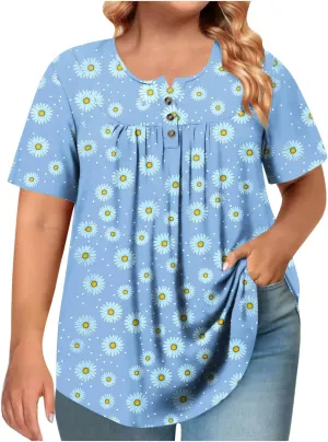 Women's Plus Size Tops Casual Summer Pleated Button Up Crewneck Tunic Shirt Loose Fit Short Sleeve Printed Blouses