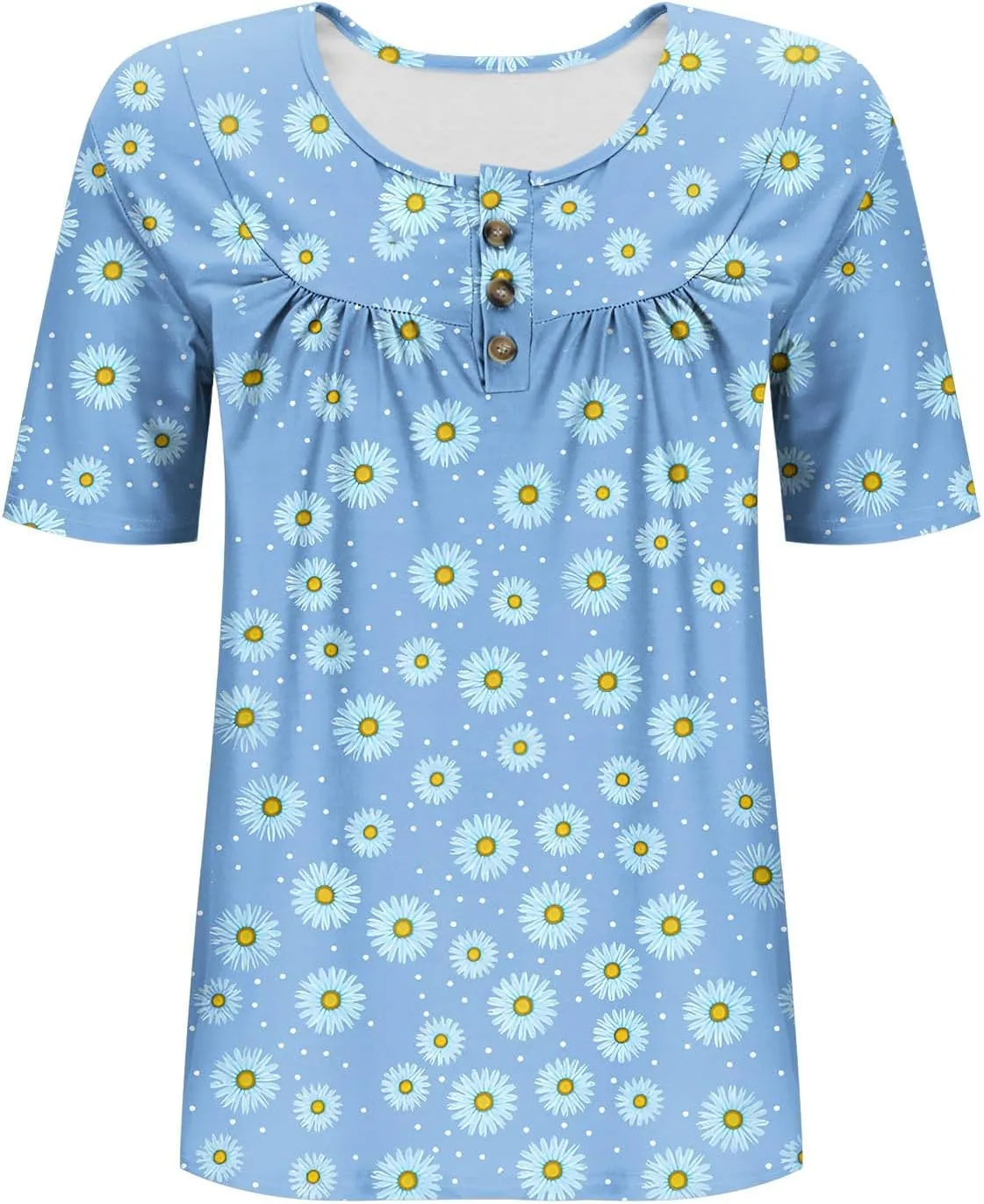 Women's Plus Size Tops Casual Summer Pleated Button Up Crewneck Tunic Shirt Loose Fit Short Sleeve Printed Blouses